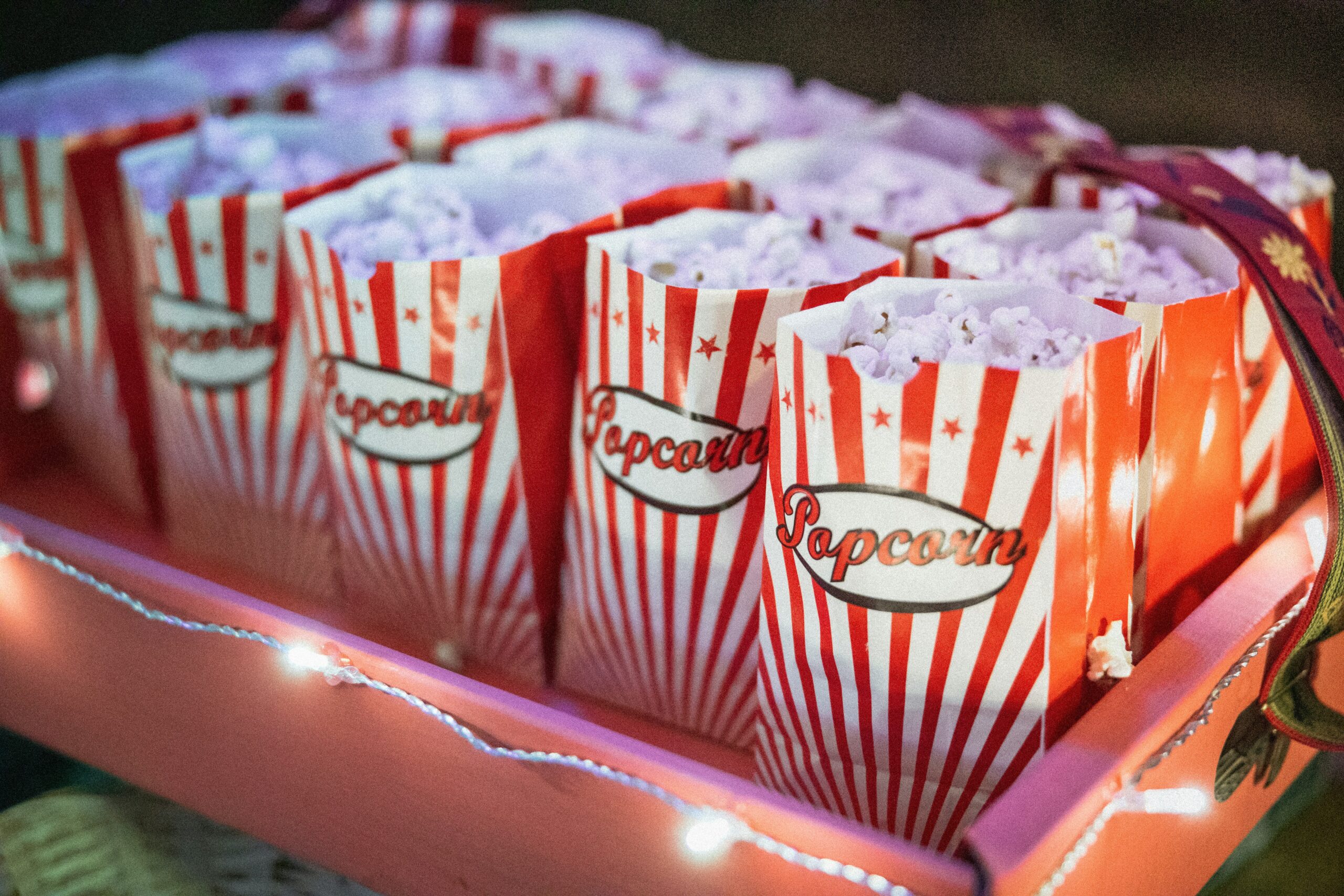 Popcorn in red and white bags